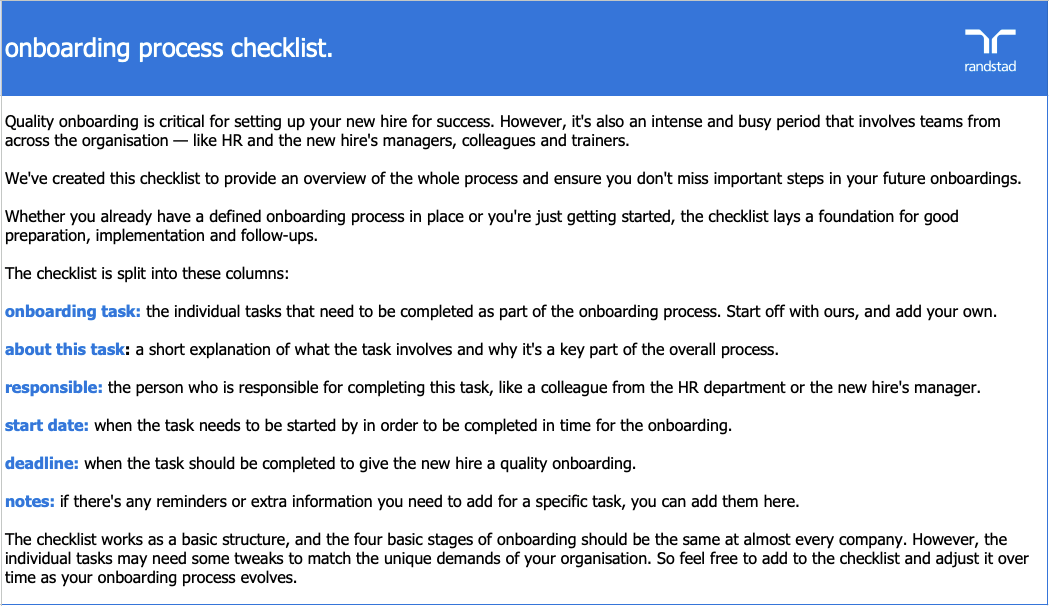 randstad - onboarding process checklist